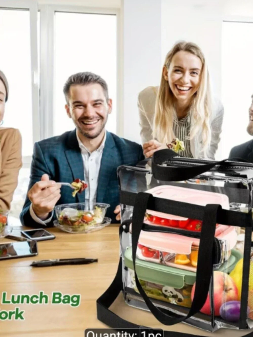 Large Clear Stadium Tote Bag 12x12x6 Travel Work Lunch Bag Shoulder Strap Black